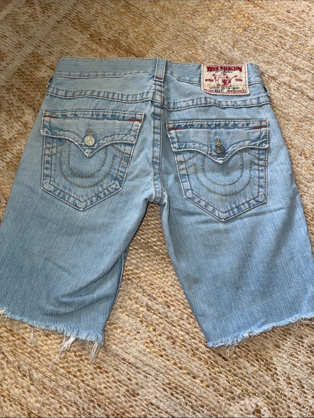 True Religion Light Blue Cutoff Denim Shorts with Back Pocket Flap